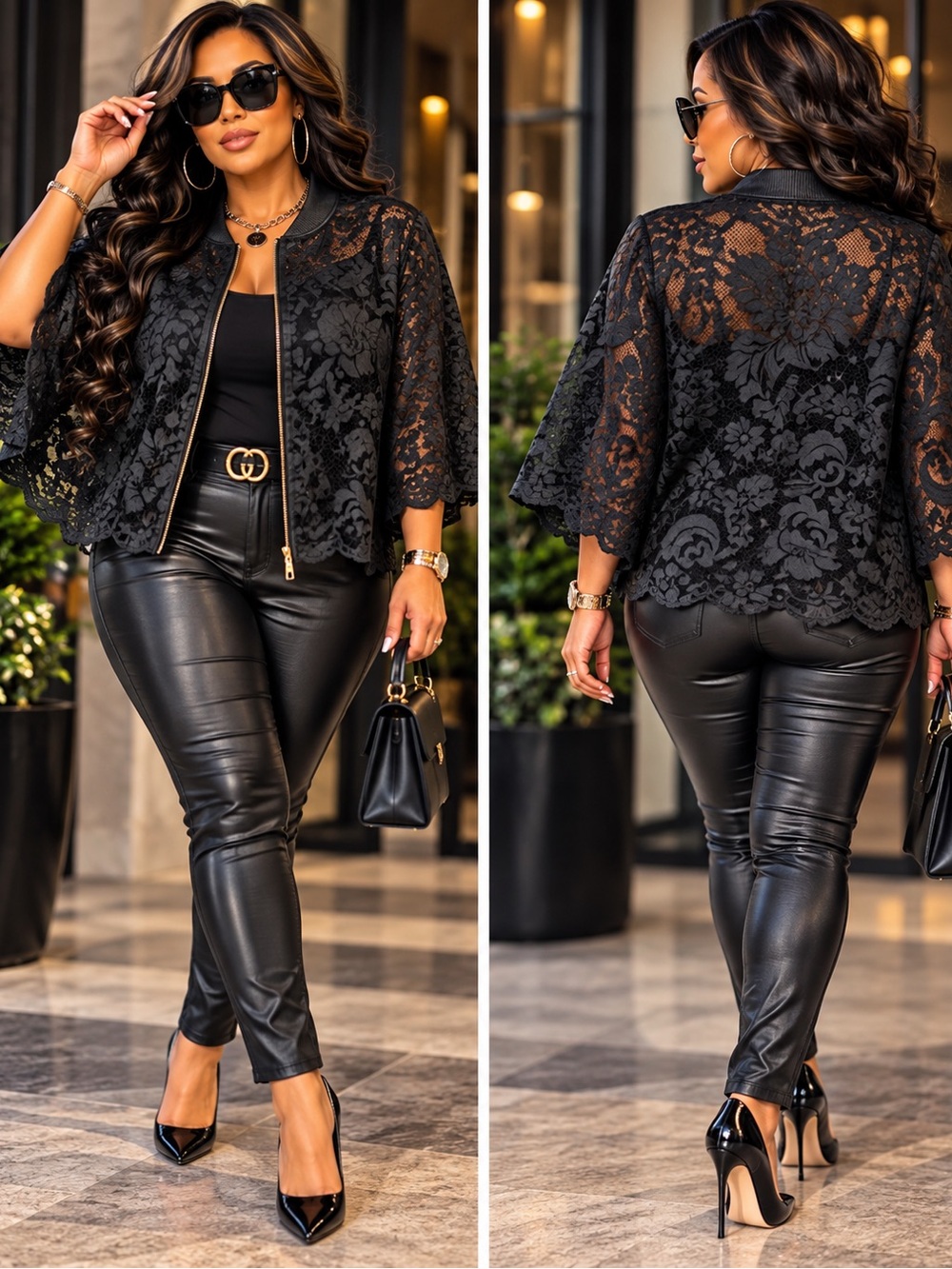 Brand New Kasper Black Floral Lace Zip-Front Cape Jacket Demask Print Gold Zip